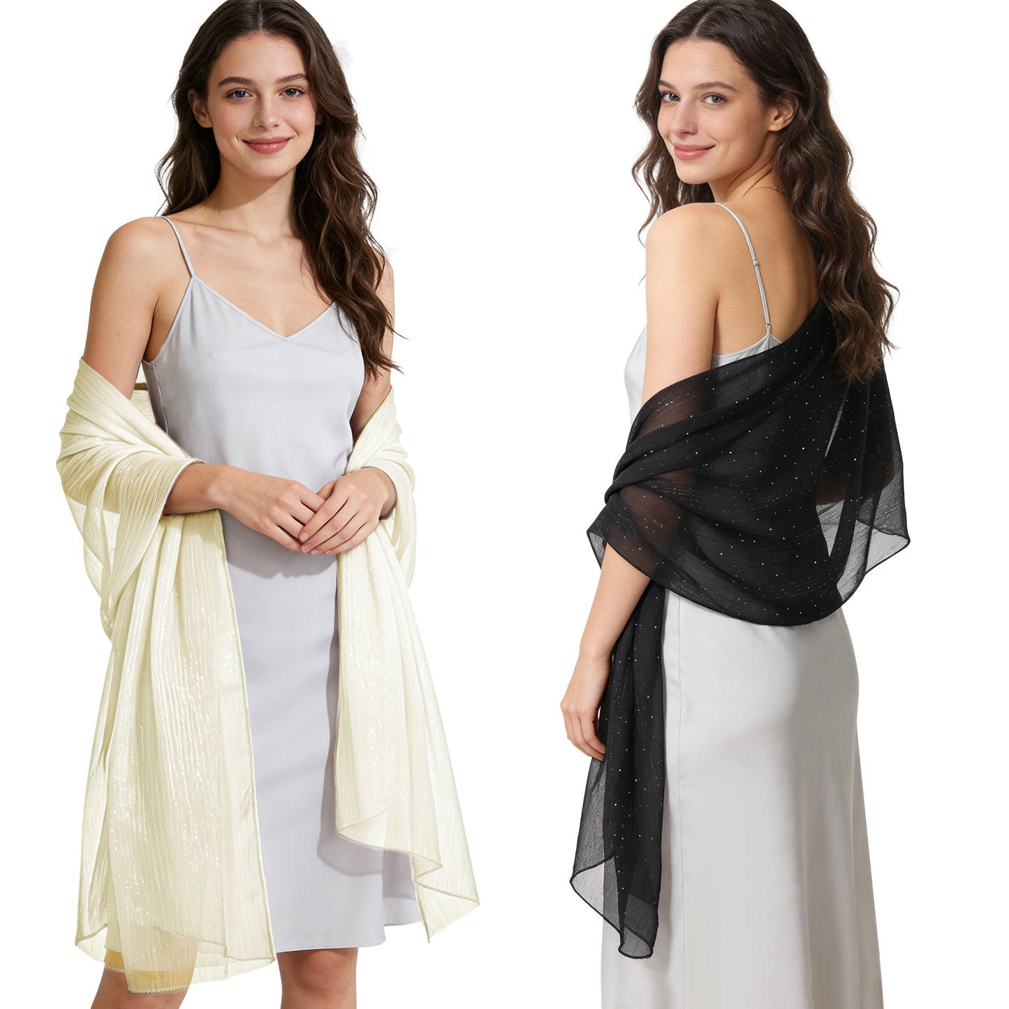 Colarlemo× BSRGMS 2pcs Chiffon Shawls and Wraps –  1 Shimmering Red/ Champagne/ White/ Silver/ Pink + 1 Rhinestone Black