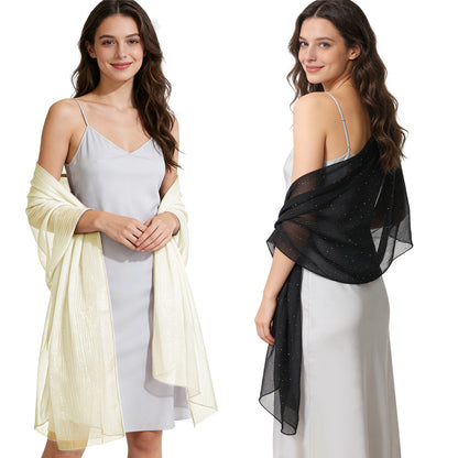 Colarlemo× BSRGMS 2pcs Chiffon Shawls and Wraps –  1 Shimmering Red/ Champagne/ White/ Silver/ Pink + 1 Rhinestone Black