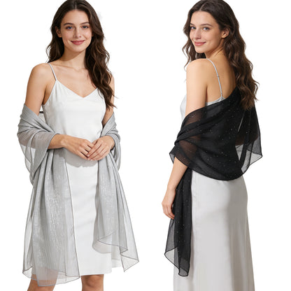 Colarlemo× BSRGMS 2pcs Chiffon Shawls and Wraps –  1 Shimmering Red/ Champagne/ White/ Silver/ Pink + 1 Rhinestone Black