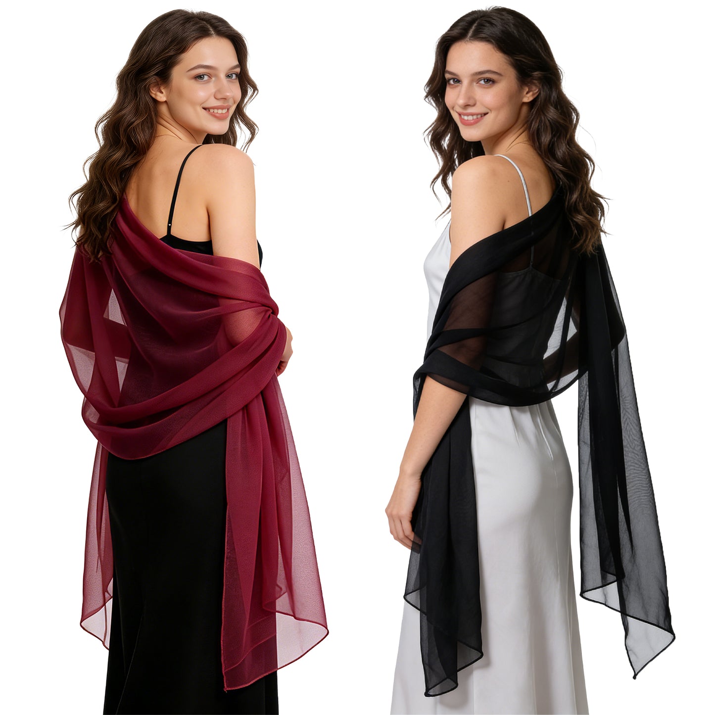 Colarlemo× BSRGMS 2pcs Chiffon Shawls and Wraps – 1 Champagne/ Silver/ White/ Red + 1 Black