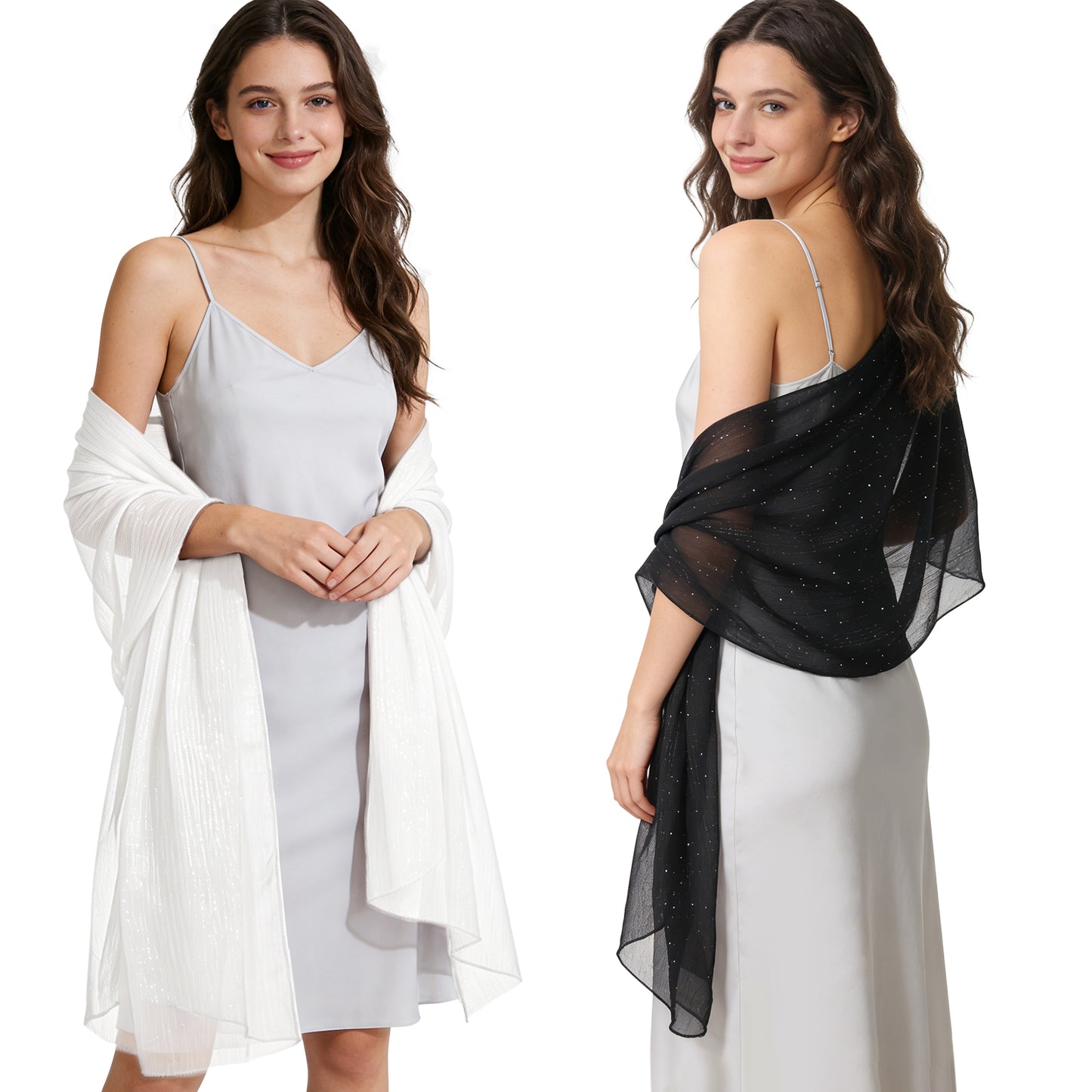 Colarlemo× BSRGMS 2pcs Chiffon Shawls and Wraps –  1 Shimmering Red/ Champagne/ White/ Silver/ Pink + 1 Rhinestone Black
