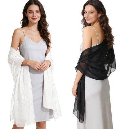 Colarlemo× BSRGMS 2pcs Chiffon Shawls and Wraps –  1 Shimmering Red/ Champagne/ White/ Silver/ Pink + 1 Rhinestone Black