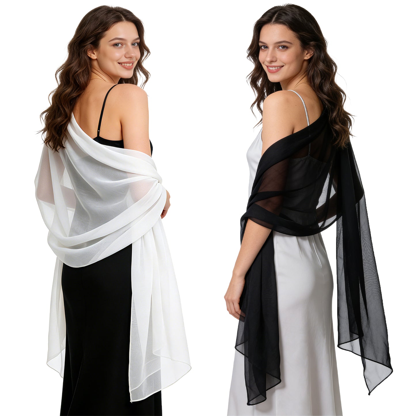 Colarlemo× BSRGMS 2pcs Chiffon Shawls and Wraps – 1 Champagne/ Silver/ White/ Red + 1 Black