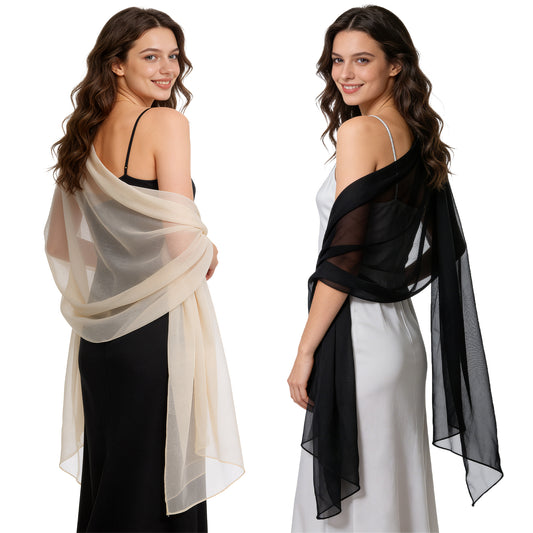 Colarlemo× BSRGMS 2pcs Chiffon Shawls and Wraps – 1 Champagne/ Silver/ White/ Red + 1 Black