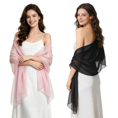 Colarlemo× BSRGMS 2pcs Chiffon Shawls and Wraps –  1 Shimmering Red/ Champagne/ White/ Silver/ Pink + 1 Rhinestone Black