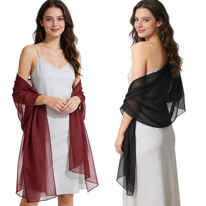 Colarlemo× BSRGMS 2pcs Chiffon Shawls and Wraps –  1 Shimmering Red/ Champagne/ White/ Silver/ Pink + 1 Rhinestone Black