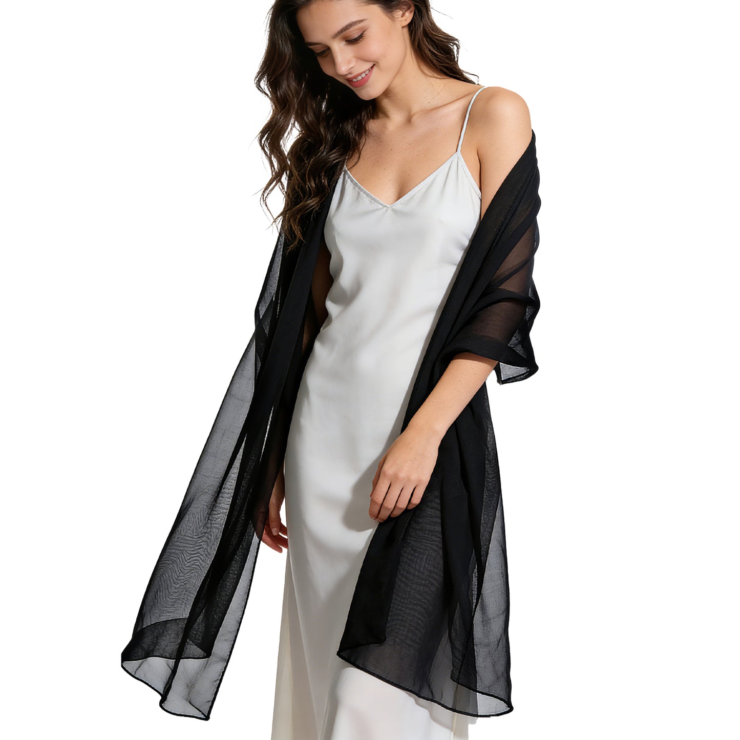 Colarlemo× BSRGMS 2pcs Chiffon Shawls and Wraps – 1 Champagne/ Silver/ White/ Red + 1 Black