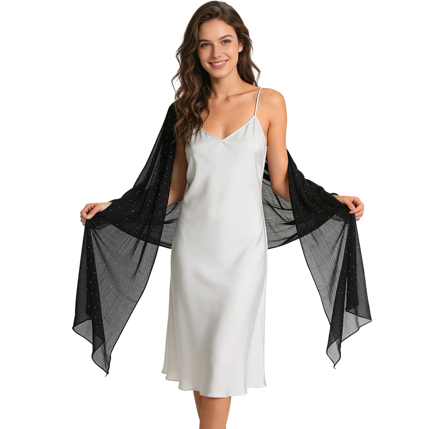 Colarlemo× BSRGMS 2pcs Chiffon Shawls and Wraps –  1 Shimmering Red/ Champagne/ White/ Silver/ Pink + 1 Rhinestone Black