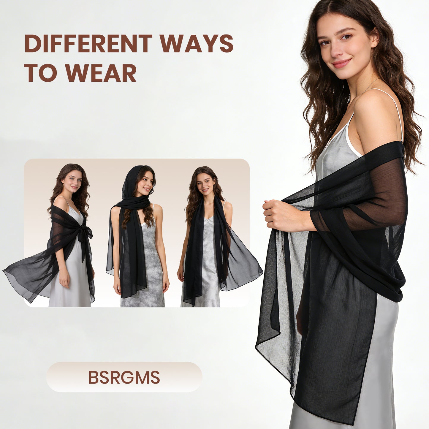 Colarlemo× BSRGMS 2pcs Chiffon Shawls and Wraps – 1 Champagne/ Silver/ White/ Red + 1 Black
